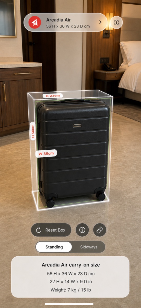 Go Carry-On showing an AR carry-on size guide over a suitcase.